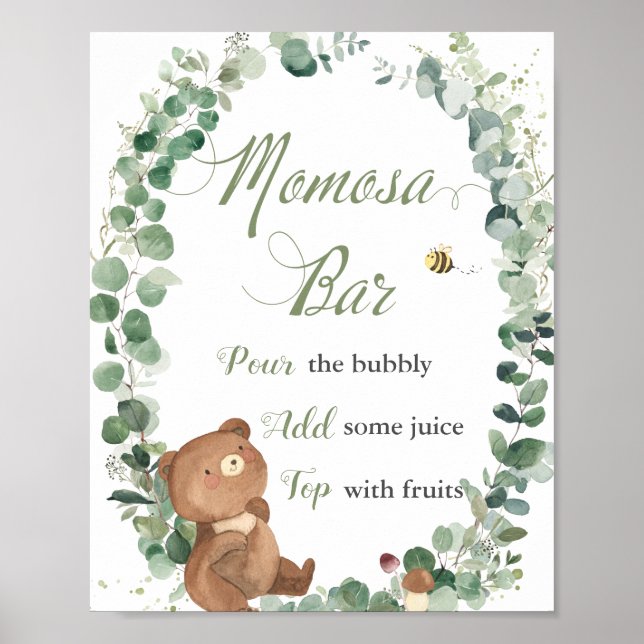 Greenery Baby Shower Momosa Pub i Cute Baby Bear G Poster (Framsidan)