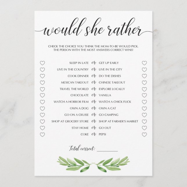 Greenery Baby Shower, skulle hon hellre spela in k (Framsida)