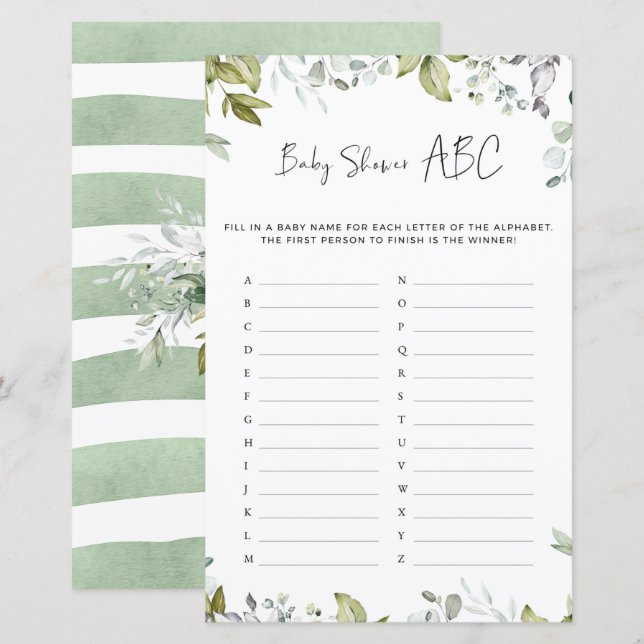 Greenery Baby Shower-spel - ABC (Fram/baksida)