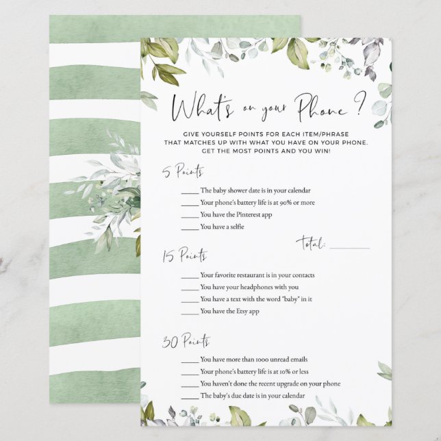 Greenery Baby Shower-spel Vad finns på din telefon (Fram/baksida)