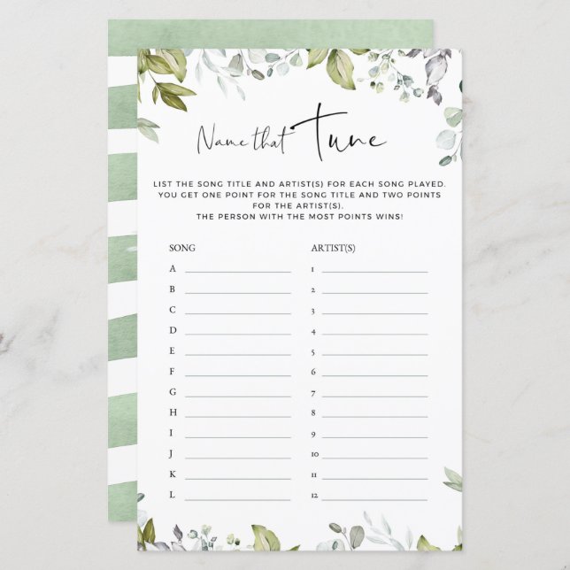 Greenery Baby Shower spelade Namn som Tune (Fram/baksida)