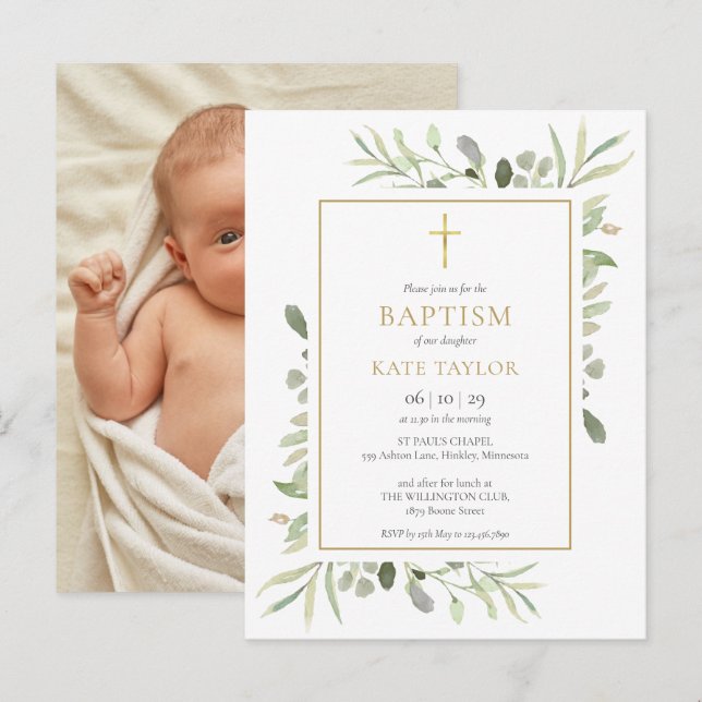 Greenery Baptism Christening Photo Inbjudan Vykort (Fram/baksida)