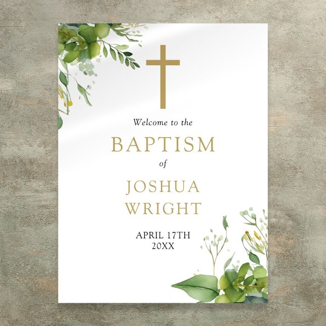 Greenery Baptism Christening Välkomstskylt Poster (Greenery Baptism Christening Welcome Sign)