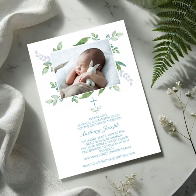 Greenery Baptism Inbjudan Boy Photo (Photo baptism invitations boy with greenery and blue typography)
