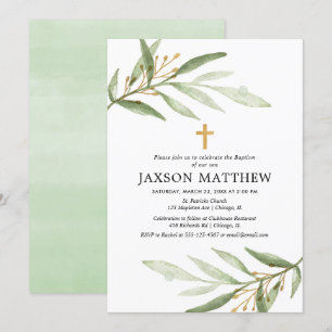 Greenery baptism inbjudan grönt guld vattenfärg