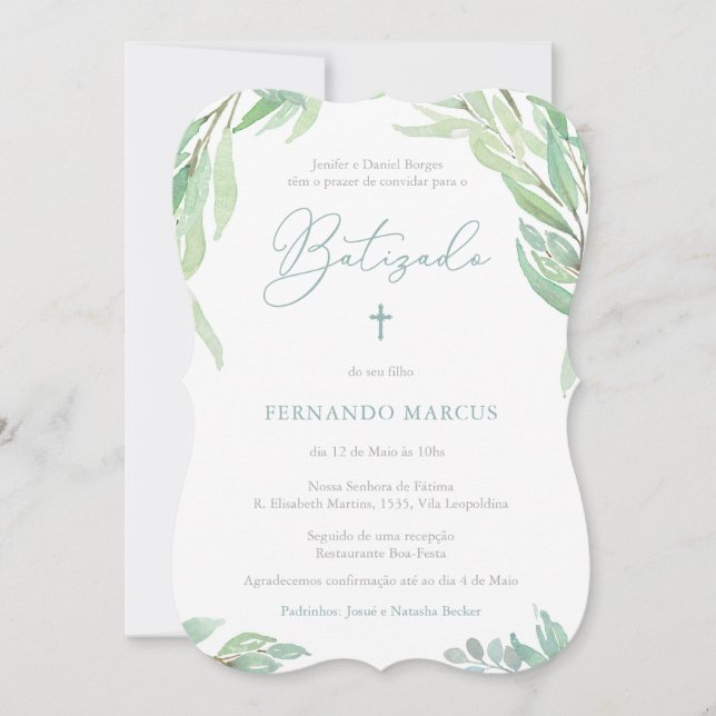 Greenery Baptism Party for Boy på portugisiska Inbjudningar (Framsida)