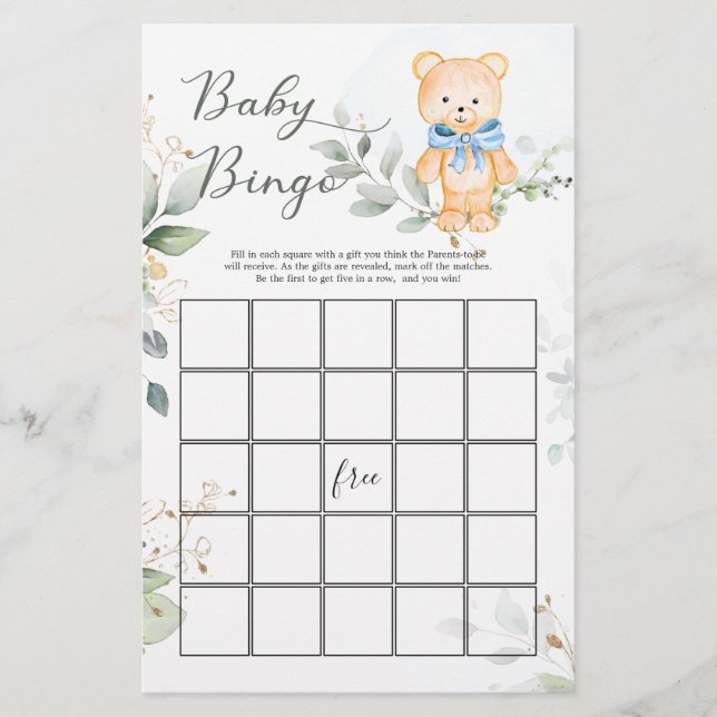 Greenery Bear Baby Shower Bingo Game Papprare Laka (Framsida)