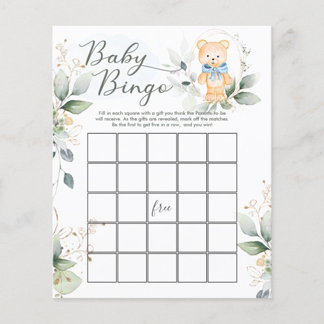 Greenery Bear Baby Shower Bingo/Traits Games Flyer (Framsidan)