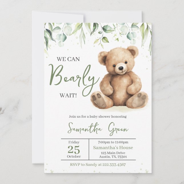 Greenery Bear Baby Shower Inbjudningar (Framsida)