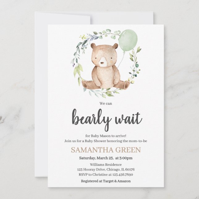 Greenery Bear Baby Shower Inbjudningar (Framsida)