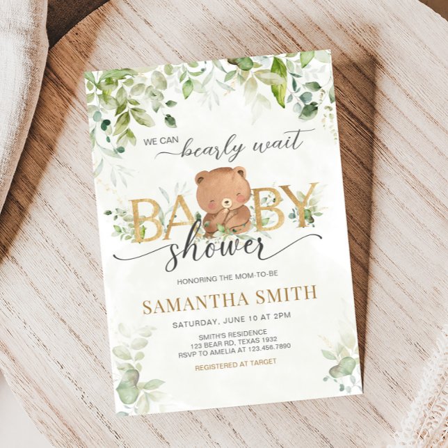Greenery Bear Baby Shower Inbjudningar (Bearly Wait Baby Shower Invitation)
