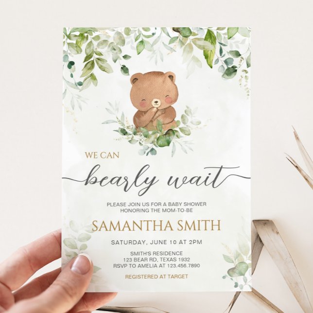 Greenery Bear Baby Shower Inbjudningar (Bearly Wait Baby Shower Invitation)
