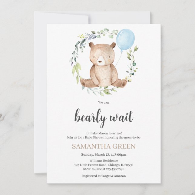 Greenery Bear Baby Shower Inbjudningar (Framsida)