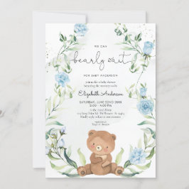 Greenery Bear Blåa blommor Boy Shower Inbjudningar