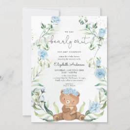 Greenery Bear Blue Blommigt Boy Shower Inbjudningar