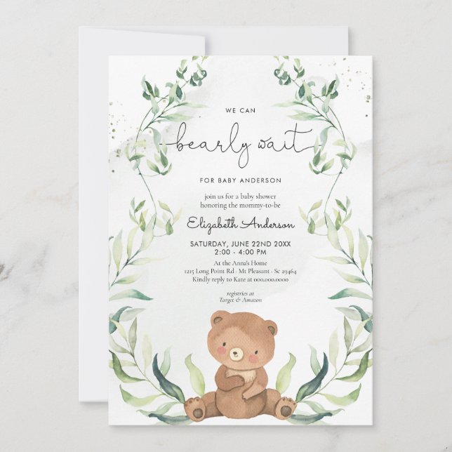 Greenery Bear Gender Neutral Elegant Baby Shower Inbjudningar (Framsida)