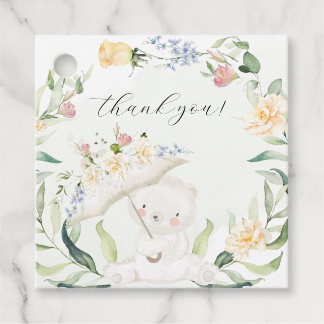 Greenery Bear Gender Neutral Gult Baby Shower Gåvor Etiketter (Framsida)