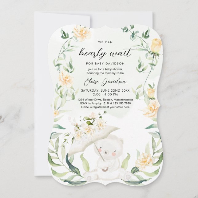 Greenery Bear Gender Neutral Gult Baby Shower I Inbjudningar (Framsida)