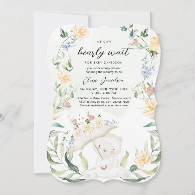 Greenery Bear Gender Neutral Gult Baby Shower Inbjudningar (Framsida)