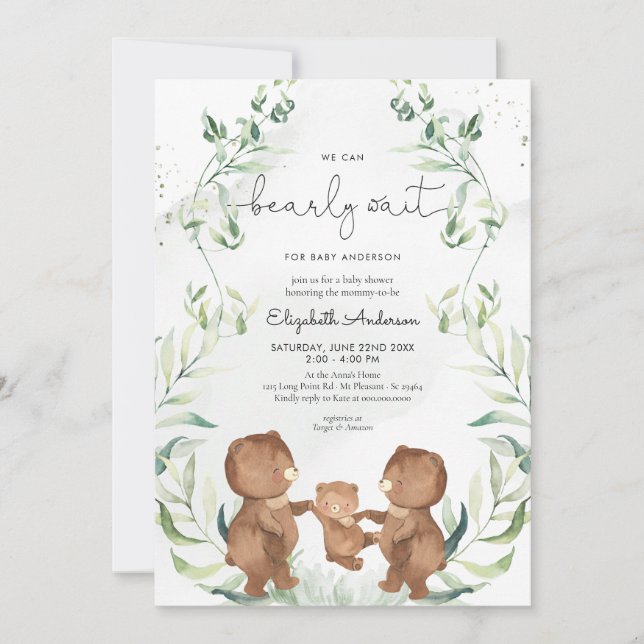 Greenery Bear Gender Neutral Woodland Baby Shower Inbjudningar (Framsida)