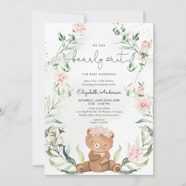 Greenery Bear  Rosa Blommigt Girl Baby Shower Inbjudningar (Framsida)