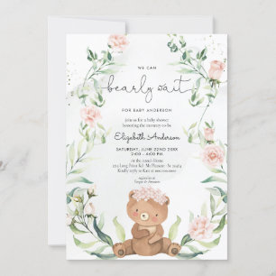 Greenery Bear  Rosa Blommigt Girl Baby Shower Inbjudningar