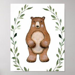 Greenery Bear Woodland Animals Nursery Wall Art Poster