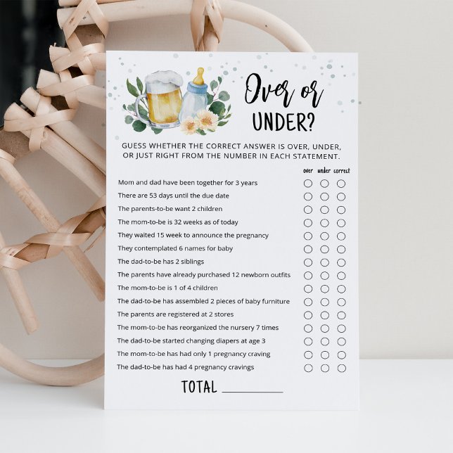 Greenery Bebis Bryggs över eller under spelkort Inbjudningar (Beer Sage Green Baby Shower Over or Under Game)