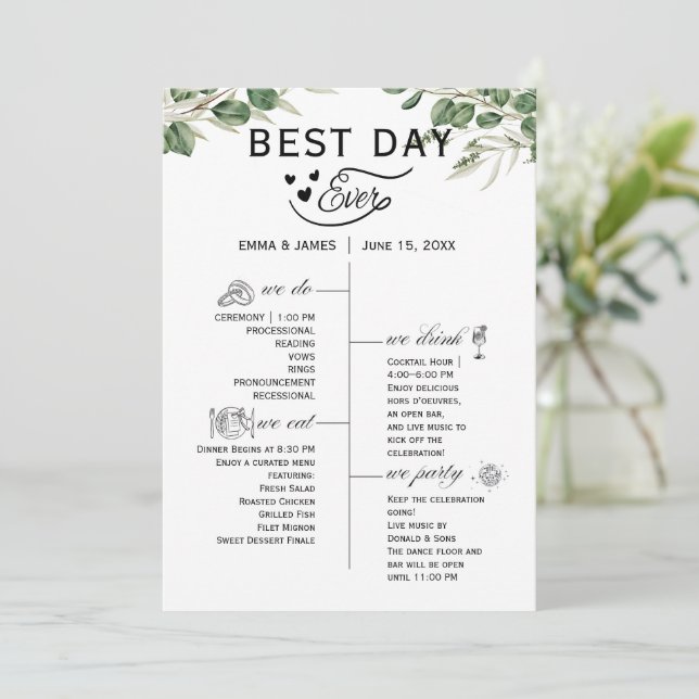 Greenery Best Day Ever Program Inbjudan (Stående Fram)