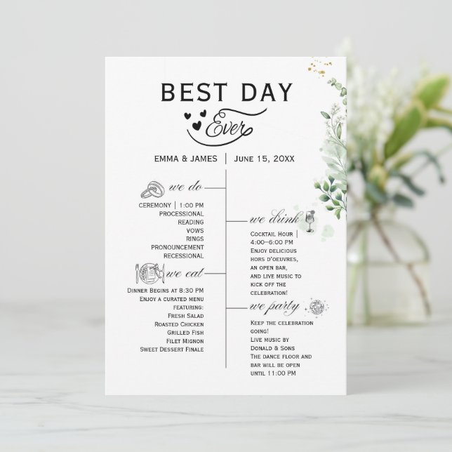 Greenery Best Day Ever Program Invitation (Stående Fram)