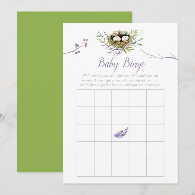 Greenery Birds Nest Twillingars Baby Shower Bingo Inbjudningar (Fram/baksida)