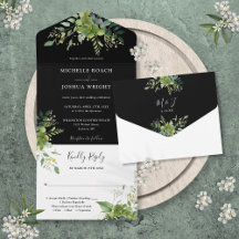 Greenery Black and White Monogram Bröllop