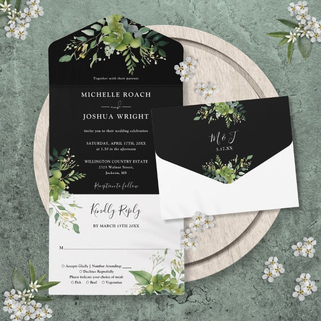 Greenery Black and White Monogram Bröllop (Greenery Black And White Monogram Wedding All In One Invitation)