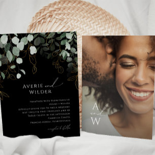 Greenery Black och Guld Monogram Photo Bröllop Inbjudningar