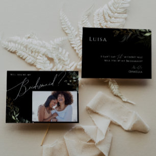 Greenery Black och Guld Photo Bridesmaid Card Inbjudningar