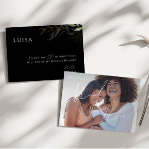 Greenery Black och Guld Photo Maid of honor Card Inbjudningar