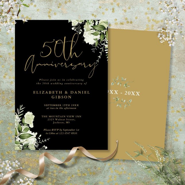 Greenery Black och Guld vid femtioårsdagen Bröllop Inbjudningar (50th Wedding Anniversary Greenery Black And Gold Invitation)