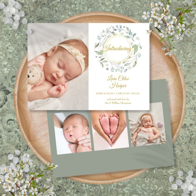 Greenery Blommigt 4 Photo Baby Birth Meddelande (Greenery Floral 4 Photo Baby Birth Announcement)