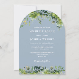 Greenery Blommigt Arch Dusty Blue Monogram Bröllop Inbjudningar