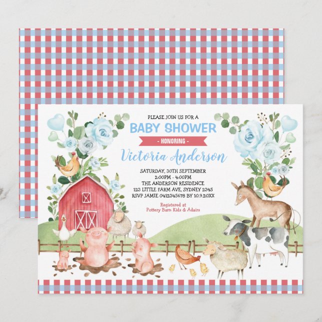 Greenery Blommigt Barnyard Boskap Baby Shower Inbjudningar (Fram/baksida)