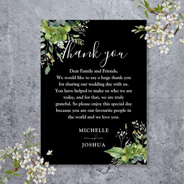 Greenery Blommigt Black and White Bröllop Tack Placeringskort (Greenery Floral Black And White Wedding Thank You Place Card)