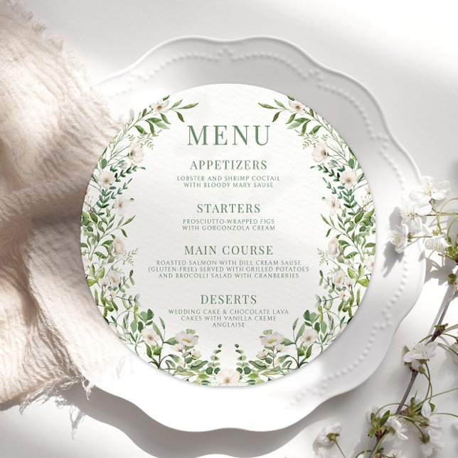 Greenery blommigt boho round bröllop Menu Card Pla Meny (Skapare uppladdad)
