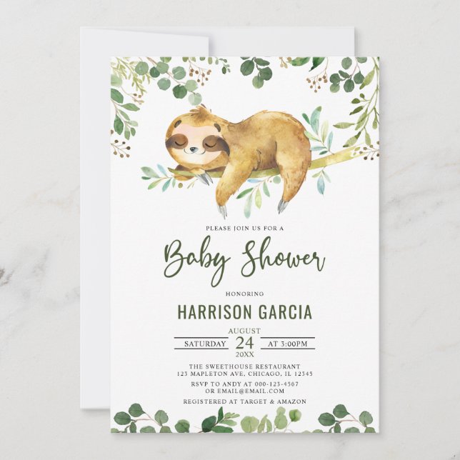 Greenery Blommigt Boy Cute Sloth Baby Shower Inbjudningar (Framsida)
