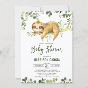 Greenery Blommigt Boy Cute Sloth Baby Shower Inbjudningar