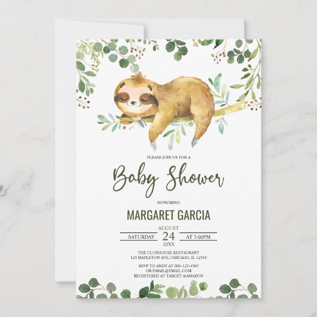 Greenery Blommigt Boy Cute Sloth Baby Shower Inbjudningar (Framsida)