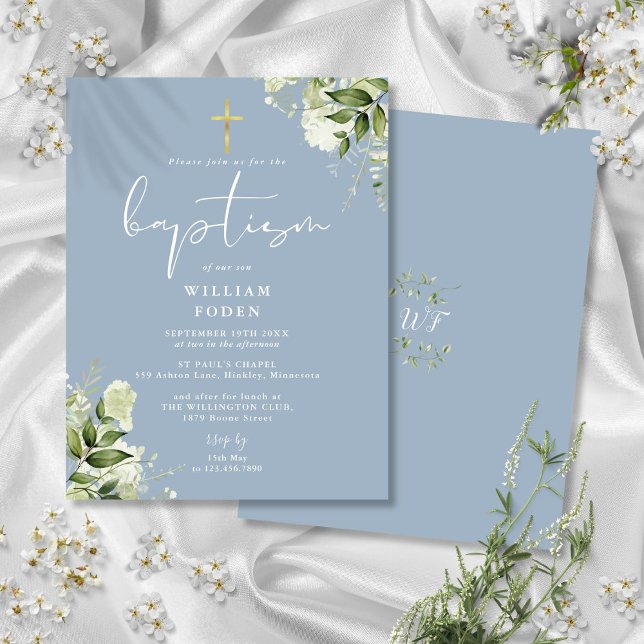 Greenery Blommigt Dusty Blue Baptism-inbjudan Vykort (Greenery Floral Dusty Blue Baptism Invitation Postcard)