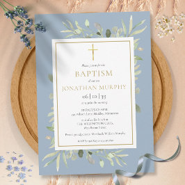 Greenery Blommigt Dusty Blue Boy Baptism Inbjudningar