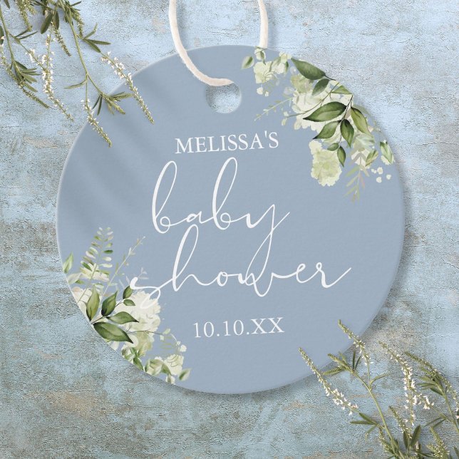 Greenery Blommigt Dusty Blue Boy Shower Gåvor Etiketter (Greenery Floral Dusty Blue Boy Baby Shower Favor Tags)