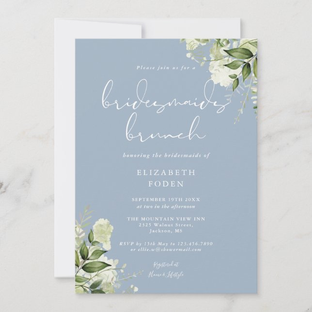 Greenery Blommigt Dusty Blue Bridesmaids Brunch Inbjudningar (Framsida)