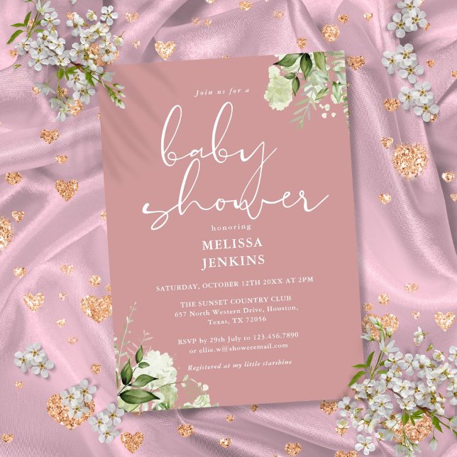 Greenery Blommigt Dusty Ro Girl Baby Shower Inbjudningar (Greenery Floral Dusty Rose Girl Baby Shower Invitation)